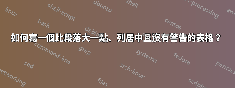 如何寫一個比段落大一點、列居中且沒有警告的表格？