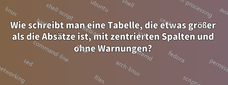 Wie schreibt man eine Tabelle, die etwas größer als die Absätze ist, mit zentrierten Spalten und ohne Warnungen?