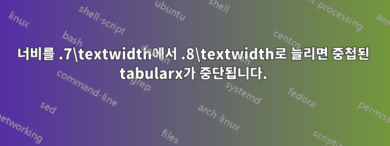 너비를 .7\textwidth에서 .8\textwidth로 늘리면 중첩된 tabularx가 중단됩니다.