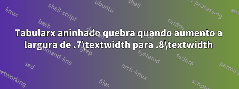 Tabularx aninhado quebra quando aumento a largura de .7\textwidth para .8\textwidth