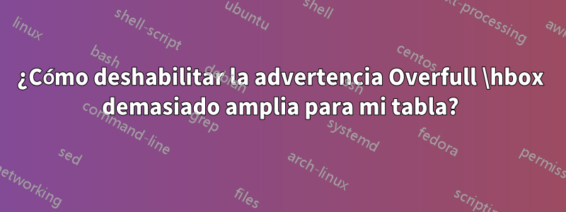 ¿Cómo deshabilitar la advertencia Overfull \hbox demasiado amplia para mi tabla?