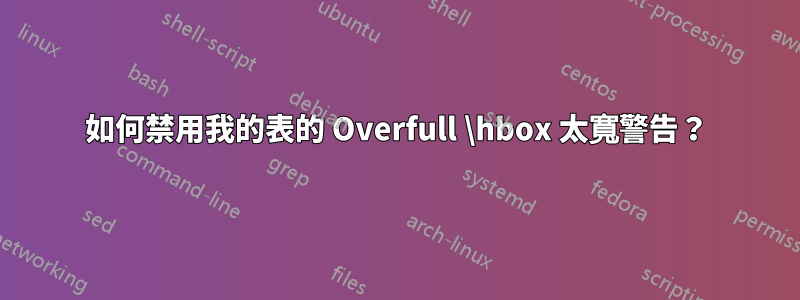 如何禁用我的表的 Overfull \hbox 太寬警告？