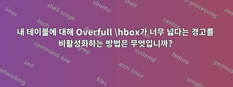 내 테이블에 대해 Overfull \hbox가 너무 넓다는 경고를 비활성화하는 방법은 무엇입니까?