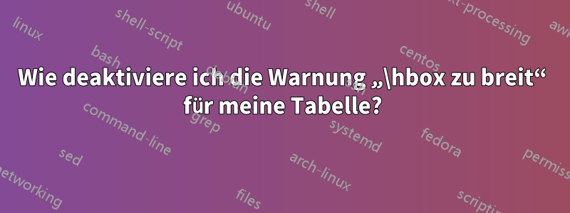 Wie deaktiviere ich die Warnung „\hbox zu breit“ für meine Tabelle?