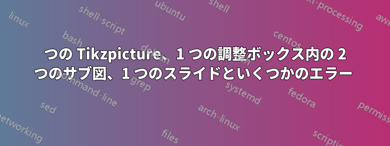 2 つの Tikzpicture、1 つの調整ボックス内の 2 つのサブ図、1 つのスライドといくつかのエラー