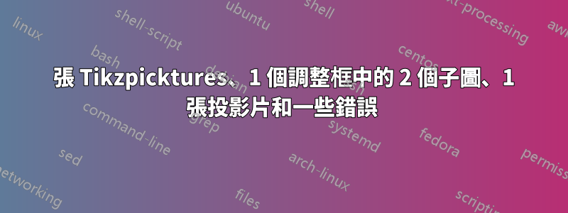 2 張 Tikzpicktures、1 個調整框中的 2 個子圖、1 張投影片和一些錯誤