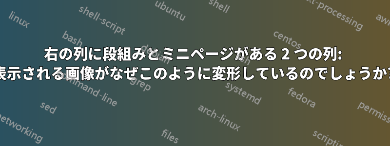 右の列に段組みとミニページがある 2 つの列: 表示される画像がなぜこのように変形しているのでしょうか?