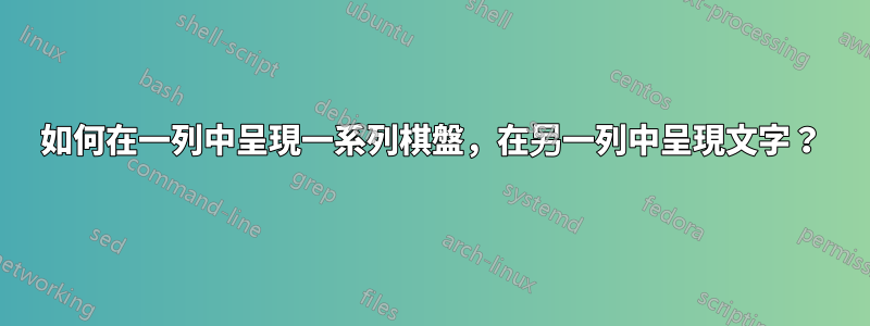 如何在一列中呈現一系列棋盤，在另一列中呈現文字？