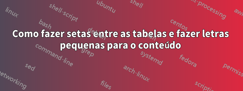 Como fazer setas entre as tabelas e fazer letras pequenas para o conteúdo