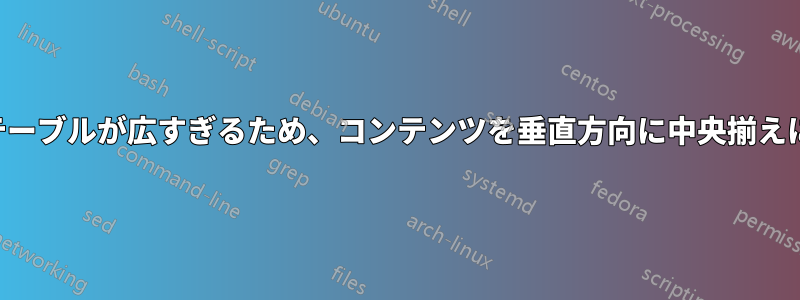長いテーブルが広すぎるため、コンテンツを垂直方向に中央揃えにする