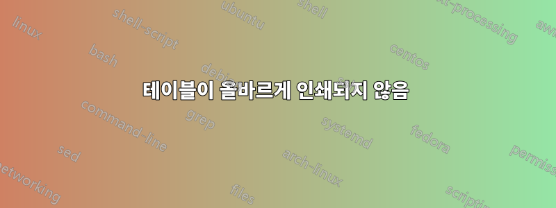테이블이 올바르게 인쇄되지 않음