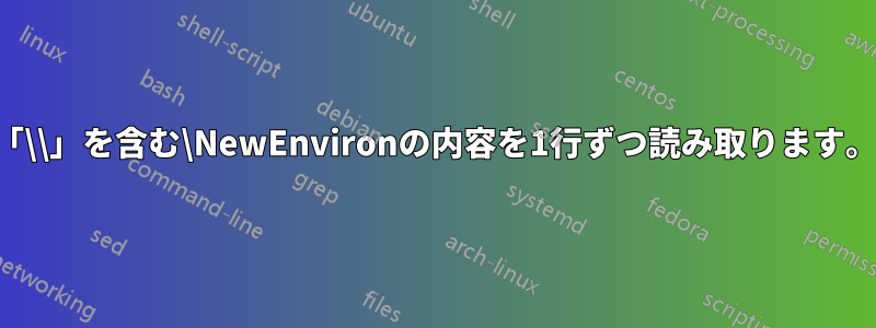 「\\」を含む\NewEnvironの内容を1行ずつ読み取ります。