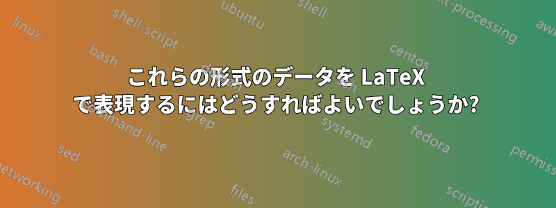 これらの形式のデータを LaTeX で表現するにはどうすればよいでしょうか?