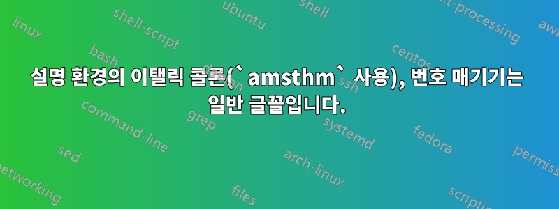 설명 환경의 이탤릭 콜론(`amsthm` 사용), 번호 매기기는 일반 글꼴입니다.