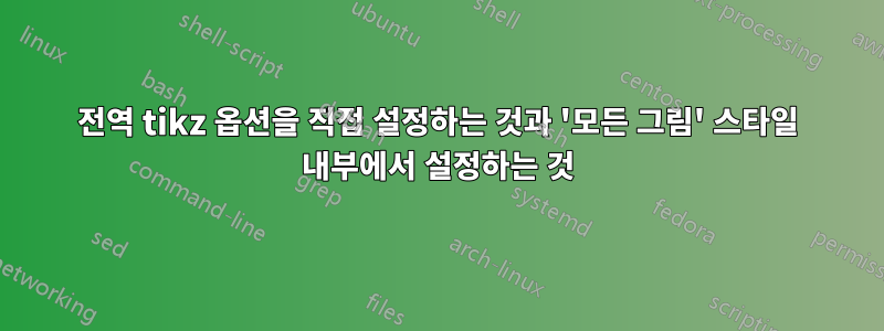 전역 tikz 옵션을 직접 설정하는 것과 '모든 그림' 스타일 내부에서 설정하는 것