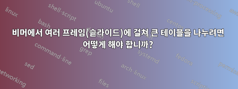 비머에서 여러 프레임(슬라이드)에 걸쳐 큰 테이블을 나누려면 어떻게 해야 합니까?