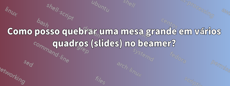 Como posso quebrar uma mesa grande em vários quadros (slides) no beamer?