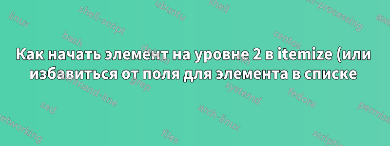 Как начать элемент на уровне 2 в itemize (или избавиться от поля для элемента в списке)