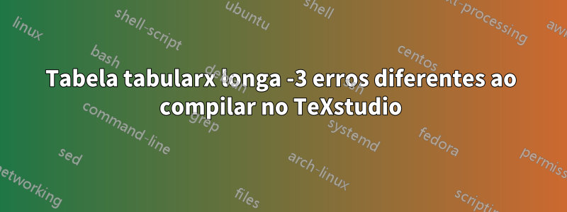 Tabela tabularx longa -3 erros diferentes ao compilar no TeXstudio