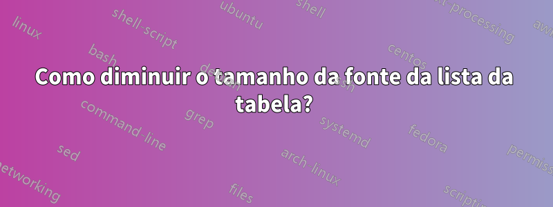 Como diminuir o tamanho da fonte da lista da tabela?