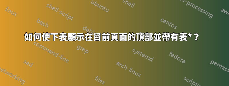 如何使下表顯示在目前頁面的頂部並帶有表*？ 