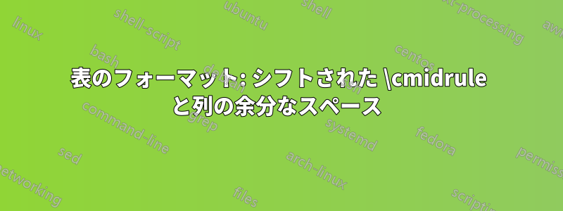 表のフォーマット: シフトされた \cmidrule と列の余分なスペース 