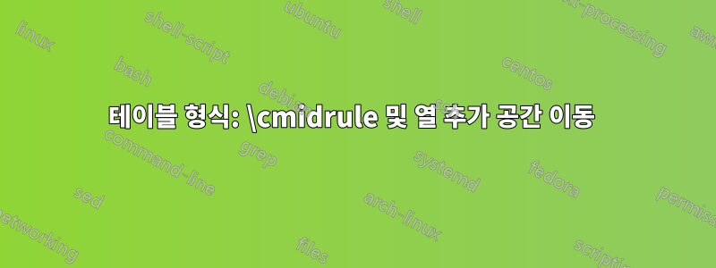 테이블 형식: \cmidrule 및 열 추가 공간 이동 