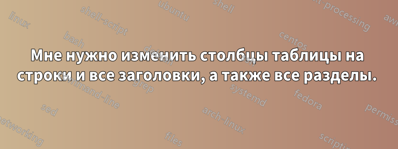 Мне нужно изменить столбцы таблицы на строки и все заголовки, а также все разделы.