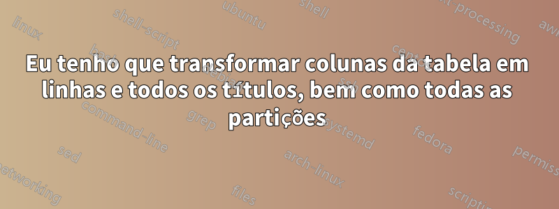 Eu tenho que transformar colunas da tabela em linhas e todos os títulos, bem como todas as partições