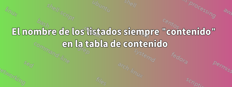 El nombre de los listados siempre "contenido" en la tabla de contenido