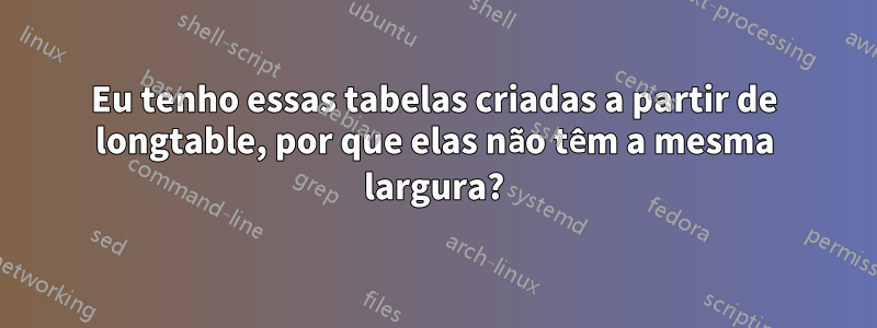 Eu tenho essas tabelas criadas a partir de longtable, por que elas não têm a mesma largura?