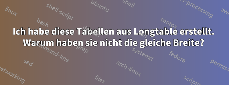 Ich habe diese Tabellen aus Longtable erstellt. Warum haben sie nicht die gleiche Breite?