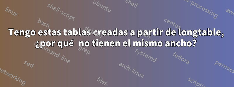 Tengo estas tablas creadas a partir de longtable, ¿por qué no tienen el mismo ancho?