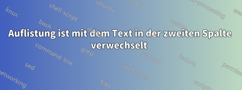 Auflistung ist mit dem Text in der zweiten Spalte verwechselt 