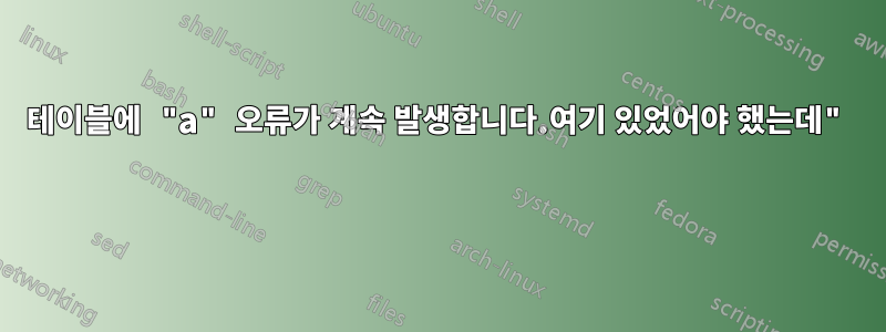 테이블에 "a" 오류가 계속 발생합니다.여기 있었어야 했는데" 