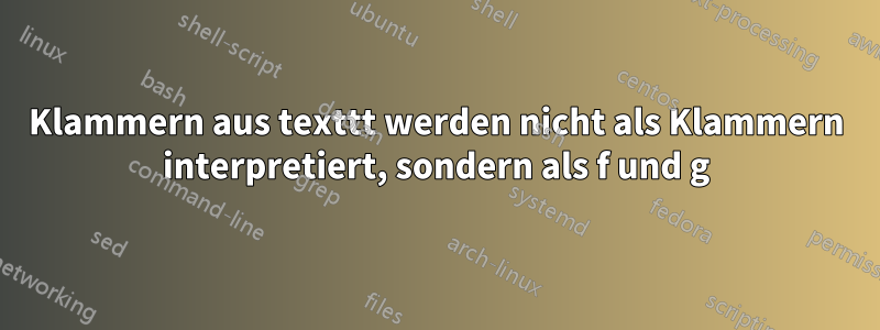 Klammern aus texttt werden nicht als Klammern interpretiert, sondern als f und g