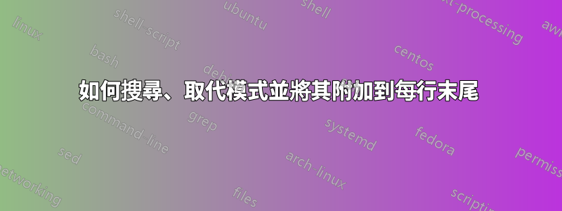 如何搜尋、取代模式並將其附加到每行末尾