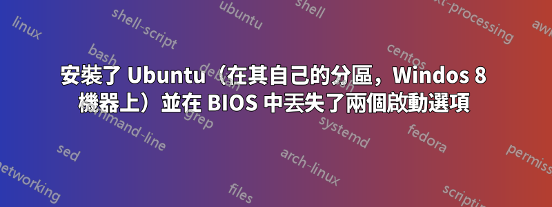 安裝了 Ubuntu（在其自己的分區，Windos 8 機器上）並在 BIOS 中丟失了兩個啟動選項