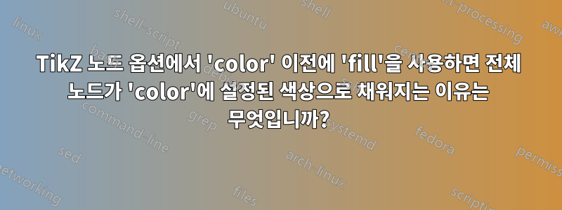 TikZ 노드 옵션에서 'color' 이전에 'fill'을 사용하면 전체 노드가 'color'에 설정된 색상으로 채워지는 이유는 무엇입니까?