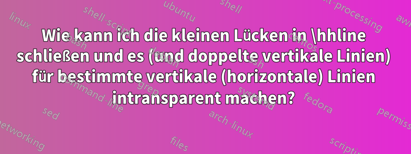 Wie kann ich die kleinen Lücken in \hhline schließen und es (und doppelte vertikale Linien) für bestimmte vertikale (horizontale) Linien intransparent machen?