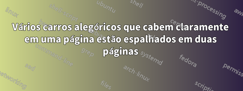 Vários carros alegóricos que cabem claramente em uma página estão espalhados em duas páginas