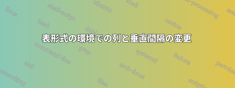 表形式の環境での列と垂直間隔の変更