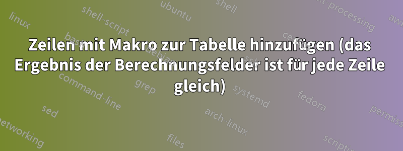 Zeilen mit Makro zur Tabelle hinzufügen (das Ergebnis der Berechnungsfelder ist für jede Zeile gleich)