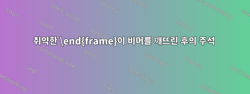 취약한 \end{frame}이 비머를 깨뜨린 후의 주석