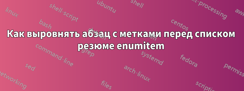 Как выровнять абзац с метками перед списком резюме enumitem