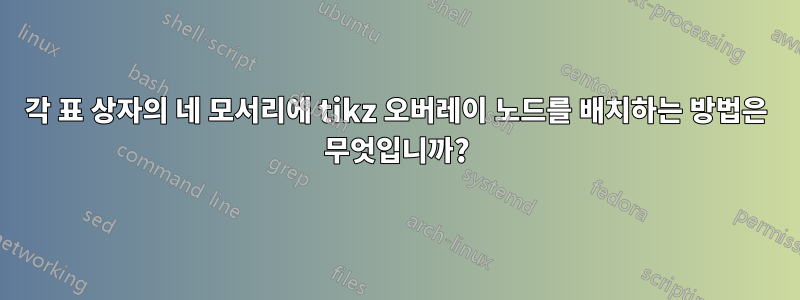 각 표 상자의 네 모서리에 tikz 오버레이 노드를 배치하는 방법은 무엇입니까?