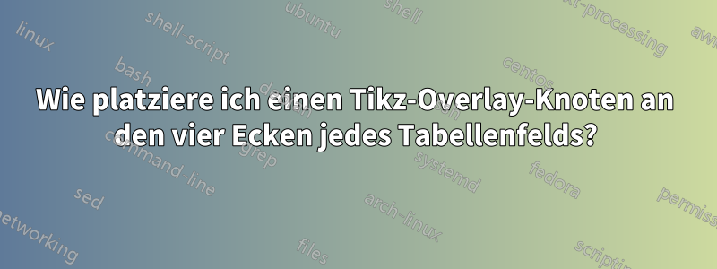 Wie platziere ich einen Tikz-Overlay-Knoten an den vier Ecken jedes Tabellenfelds?