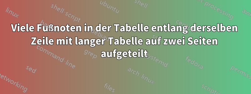 Viele Fußnoten in der Tabelle entlang derselben Zeile mit langer Tabelle auf zwei Seiten aufgeteilt