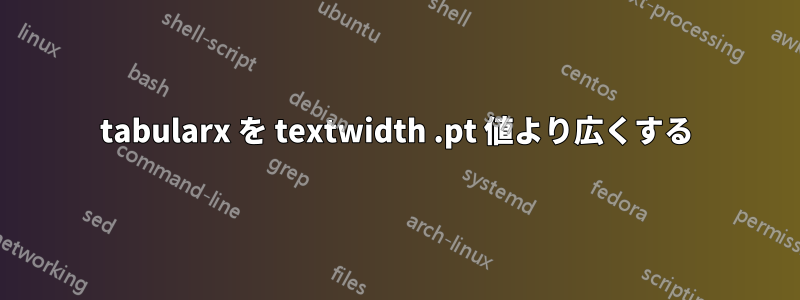 tabularx を textwidth .pt 値より広くする