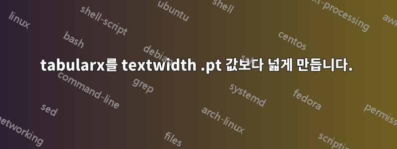 tabularx를 textwidth .pt 값보다 넓게 만듭니다.